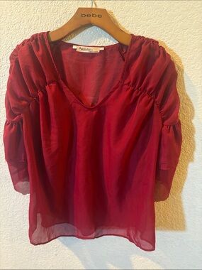 Available Burgundy Sheer V-Neck Blouse - Women Tops
